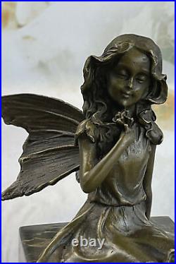 Fairy 100% Bronze Fantaisie Art Nouveau Winged Bois Nymphe Sculpture Statue