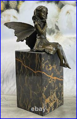 Fairy 100% Bronze Fantaisie Art Nouveau Winged Bois Nymphe Sculpture Statue