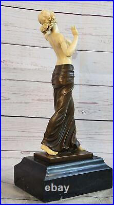 Fin Art Déco Bronze Marbre Sculpture Chair Fille Signée Statue Figurine