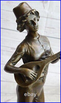 Fonte Bronze Banjo à Jouer Statue Sculpture Sur Marbre Base Figurine Art