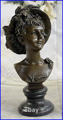 Fonte Bronze Buste Sculpture Art Statue Portrait Smiling Femme En Floral Chapeau