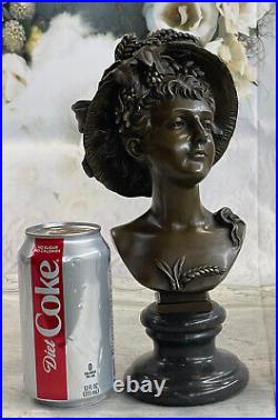 Fonte Bronze Buste Sculpture Art Statue Portrait Smiling Femme En Floral Chapeau