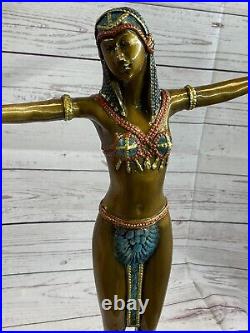 Grand Art Déco Sculpture Femelle Danseuse Sur Marbre Nude- Bronze Statue
