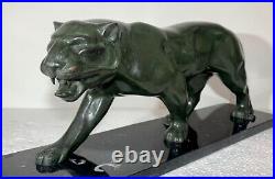 Grand sculpture en bronze Art Deco Jaguar marchant panthère statue signée