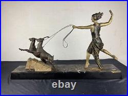 H. Balleste Statue Sculpture Art Deco 1920/1930 Femme Diane, Chêvres