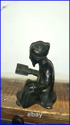 Jolie Statue En Bronze Noir Chinois Netsuke Art Asiatique Chine Moine Livre