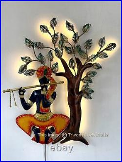 Krishna Swing LED Lumière Métal Mur Art Krishna Arbre Statue Sculpture Murale