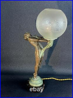 Max Le Verrier / Lampe D Epoque Art Deco / Danseuse Femme Nue / La Clarté 42 CM