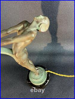 Max Le Verrier / Lampe D Epoque Art Deco / Danseuse Femme Nue / La Clarté 42 CM