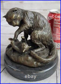 Mignon Chat Avec Chaton Art Déco Bronze Marbre Statue Sculpture Décor