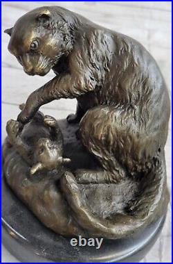 Mignon Chat Avec Chaton Art Déco Bronze Marbre Statue Sculpture Décor