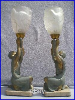 Paire de lampe art deco P. SEGA 1930 sculpture femme vintage statue lamp figural