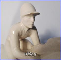 RARE Statue Sculpture Sarreguemines Jockey Céramique faïence Art Déco 1930