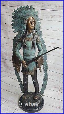 Rare Indien Native Américain Art Chief Aigle Buste Bronze Marbre Statue Figurine