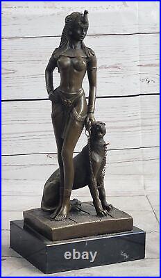 Sculpture Bronze Figurine Chair Cléopâtre Avec Panthère Fonte Statue Art