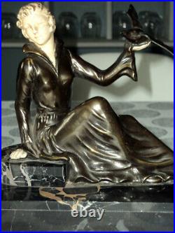 Sculpture Statue Chryselephantine Régule Doré Femme Aux Cygnes Art Déco 1920/30