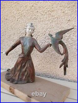 Sculpture Statue Régule Art Déco Chryselephantine Femme & L'Oiseau Pan