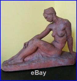 Sculpture ancienne terre cuite buste art déco femme nu au bandeau statue 1942