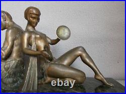 Sculpture art deco LIMOUSIN femme nue homme faune statue en regule patine bronze