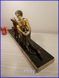 Sculpture chryselephantine art deco 1930 A. GODARD statue femme au chien lévrier