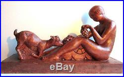 Sculpture terre cuite ART DECO signée MAZEAUD Femme et Chèvre sur terrasse