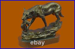 Signé Barye Loup Avec Lionceau Bronze Sculpture Statue Marbre Base Art Cadeau