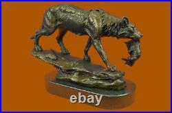 Signé Barye Loup Avec Lionceau Bronze Sculpture Statue Marbre Base Art Cadeau