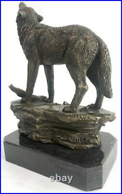 Signé Original Art Loup Hurlant Pour The Moon Bronze Sculpture Bille Base Statue