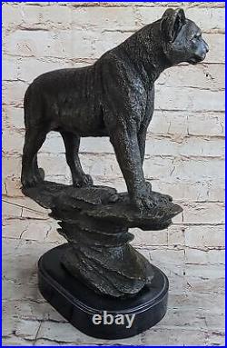 Signée Bronze Sur Marbre Montagne Lion Puma Cougar Chat Statue Sculpture Art