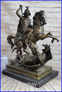 Signée Saint George Tuante Dragon Bronze Sculpture Art Statue Figurine