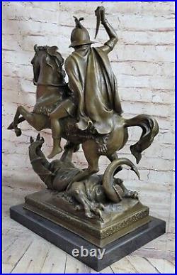 Signée Saint George Tuante Dragon Bronze Sculpture Art Statue Figurine