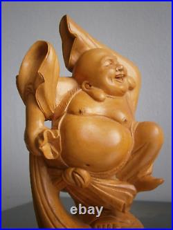 Statue Bouddha bienheureux dansant Bois noble Sculpture Art Asie Chine Ancien