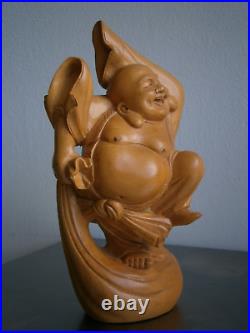 Statue Bouddha bienheureux dansant Bois noble Sculpture Art Asie Chine Ancien
