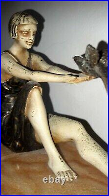 Statue Sculpture Art Deco Femme Oiseaux Marbre
