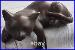 Statue Sculpture Chat Faune Moderne Style Bronze Signée Félin Figurine Décor Art