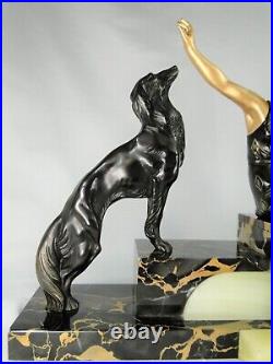 Superbe Sculpture Statue R. Varnier Femme Aux Barzois Ep. Art Deco Marbre Onyx