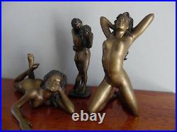 Trio De Sculptures En Bronze Thème Erotisme Art Déco Nue Erotique Ancienne XXe
