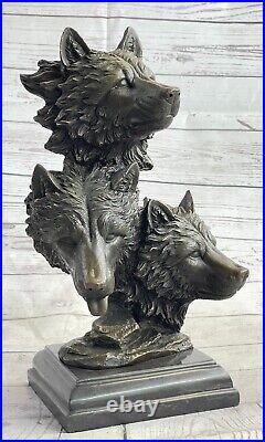 Trois Loups Tête Bronze Statue Wild Animal Loup Sculpture Art Bureau à Domicile