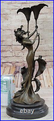 Tulipe Jeune Fille Chandelier Statue Bronze Art Déco Bougeoir Sculpture