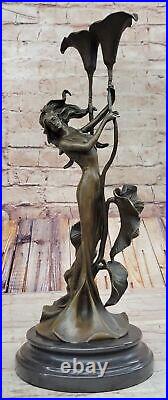 Tulipe Jeune Fille Chandelier Statue Bronze Art Déco Bougeoir Sculpture