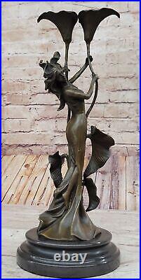 Tulipe Jeune Fille Chandelier Statue Bronze Art Déco Bougeoir Sculpture