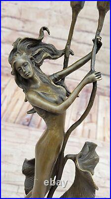 Tulipe Jeune Fille Chandelier Statue Bronze Art Déco Bougeoir Sculpture