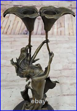 Tulipe Jeune Fille Chandelier Statue Bronze Art Déco Bougeoir Sculpture