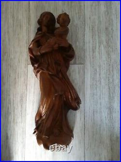VIERGE A L'ENFANT Murale, bois sculpté, Art populaire religieux, Eglise, 45 cm