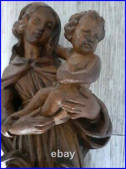 VIERGE A L'ENFANT Murale, bois sculpté, Art populaire religieux, Eglise, 45 cm