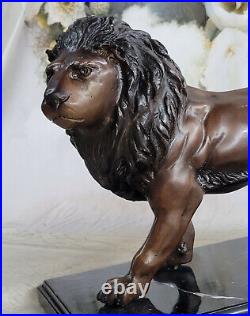 Véritable Bronze Métal Statue Sur Marbre Base Mâle Lion Sculpture Art Déco
