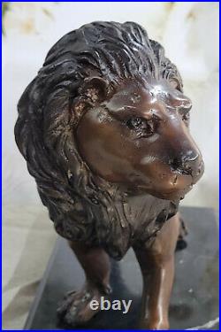 Véritable Bronze Métal Statue Sur Marbre Base Mâle Lion Sculpture Art Déco